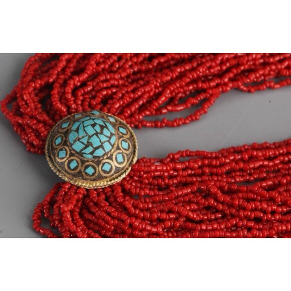 Vtg Coral Multi Strand Beaded Ladies Necklace - Picture 2 of 2